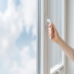 Woman with hand on handle of double glazing window