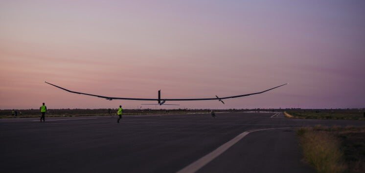 the PHASA-35, a solar plane, takes off