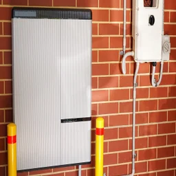 Solar battery attached to a red-brick garage wall. There is an inverter to the right of the battery.