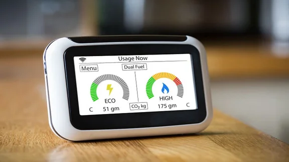 A white in-home display of a smart meter, showing gas and electricity usage on its screen
