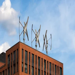 Roof-mounted wind turbines on a building