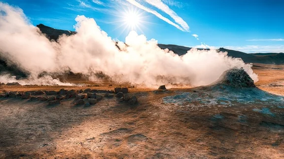 Steam rising from a naturally occurring geothermal source