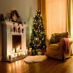 Warm and festive setting in a home with a decorated Christmas tree, three stockings above a fireplace, with assorted candles illuminating the fireplace