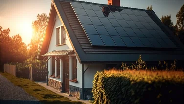 Sleek and stylish black solar panels on the roof of a house. The sun is rising just behind the house.