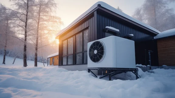 Heat pump outside a snow covered house in winter with trees in background