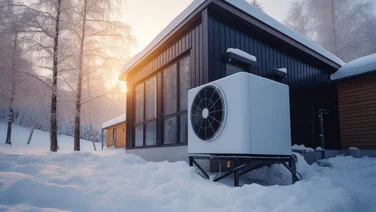 Heat pump outside a snow covered house in winter with trees in background