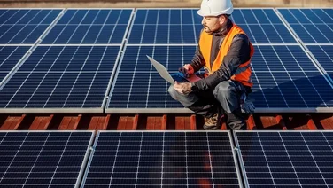 Someone in an orange high vis jacket testing blue solar panels in a solar farm