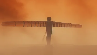 Ai-generated image of Angel of the North in a wildfire