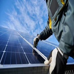 Close up photo of someone installing solar panels from a low angle