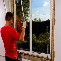 Someone in a red shirt holding a panel of glass whilst installing double glazed windows