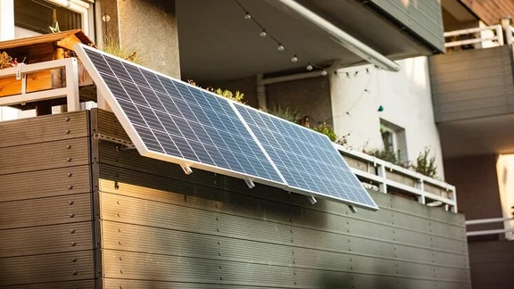 solar panels suspended from a balcony with wooden barrier