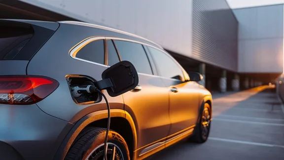 dark grey electric car plugged in to charge with grey office building in background