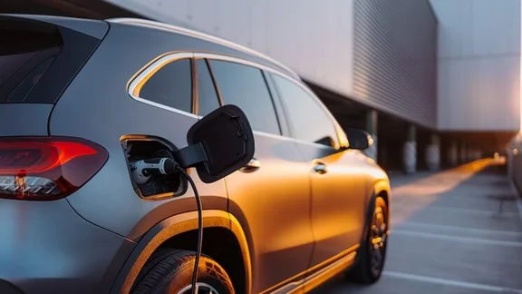 dark grey electric car plugged in to charge with grey office building in background