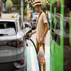 Man with groceries waiting for electric car to be charged on public charging station near a shopping area
