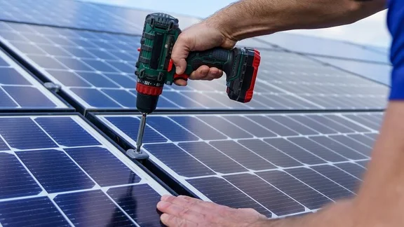 Man installing solar panels onto a roof