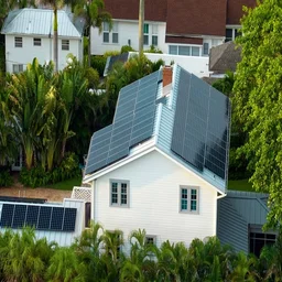 residential house surrounded by palm trees with rooftop covered with solar panels