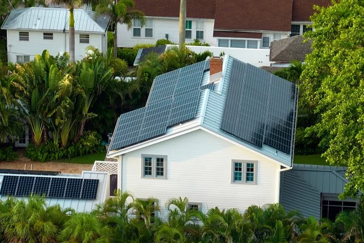 residential house surrounded by palm trees with rooftop covered with solar panels