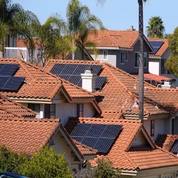 Solar panels on properties in California, with a clear blue sky in the background