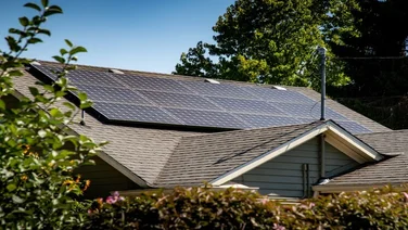 solar panels on a gray roof under a blue sky