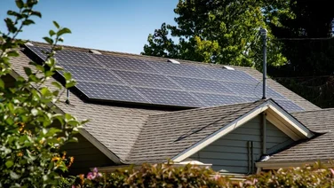 solar panels on a gray roof under a blue sky