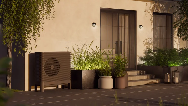 Aira Heat Pump outdoor unit in a garden
