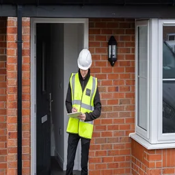 A heat battery installer stands outside a house with a clipboard.