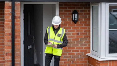 A heat battery installer stands outside a house with a clipboard.