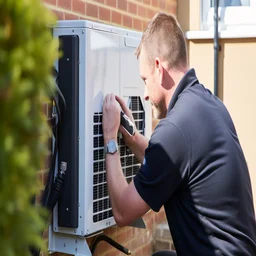 An air-source heat pump being installed by an engineer.