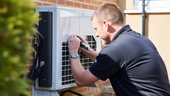 An air-source heat pump being installed by an engineer.